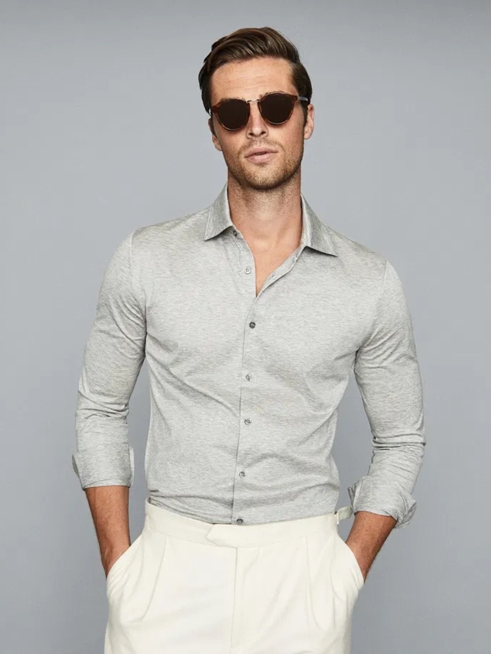 Reiss Hendon Mercerized Cotton Shirt Grey Melange Button Down Medium